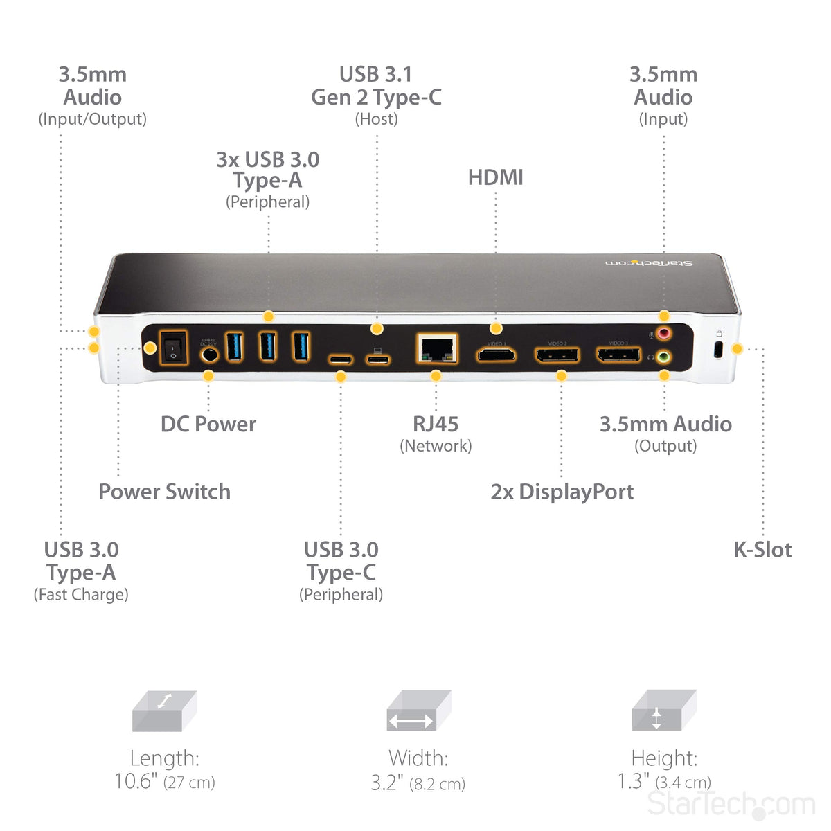 StarTech.com USB-C Triple Monitor Docking Station for MacBook Pro / Air M1 M2 M3 M4 & Windows, Universal 4K HDMI DP Dock, Thunderbolt Compatible, 100W Laptop Charging - TAA, Black, Silver