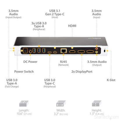 StarTech.com USB-C Triple Monitor Docking Station for MacBook Pro / Air M1 M2 M3 M4 & Windows, Universal 4K HDMI DP Dock, Thunderbolt Compatible, 100W Laptop Charging - TAA, Black, Silver