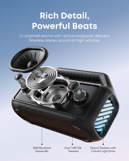 Soundcore Boom 2 By Anker, Outdoor Speaker, 80W, Subwoofer, BassUp 2.0, 24H Playtime, IPX7 Waterproof, Floatable, RGB Lights, USB-C, Custom EQ, Portable for Camping and Beach - Black