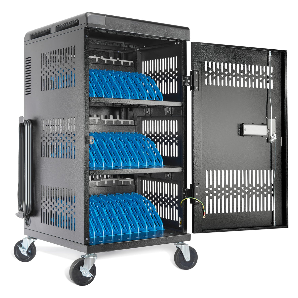 Fully Assembled 30 Bay Mobile Charging and Storage Cart for iPad, Chromebook and Laptop Computer with Keypad Lock,Up to 14-inch Screen Size,Surge Protection,Front & Back Access Locking Cabinet (Black)