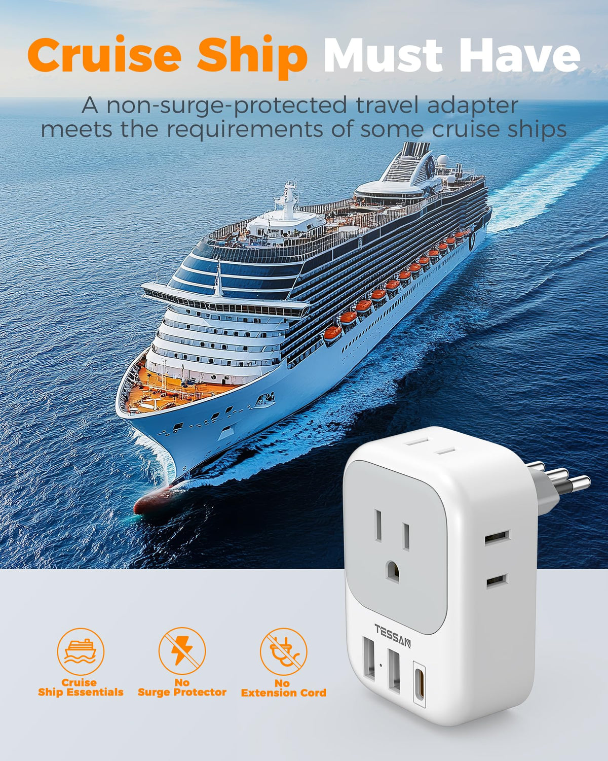 2 Pack European Plug Adapter USB C, TESSAN US to Europe Adapter 4 Outlets 3 USB Charger, Type C International Power Adaptor to Italy Spain France Portugal Iceland Germany, Europe Travel Essentials