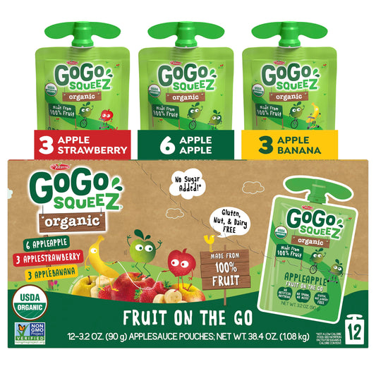 GoGo squeeZ No Sugar Added Organic Fruit & veggieZ Applesauce and Puree Variety Pack, Pedal Peach and Boulder Berry, 3.2 oz Pouches (Pack of 12), Fruit Snacks for Kids, Gluten Free, Nut Free, Recloseable Cap, BPA Free