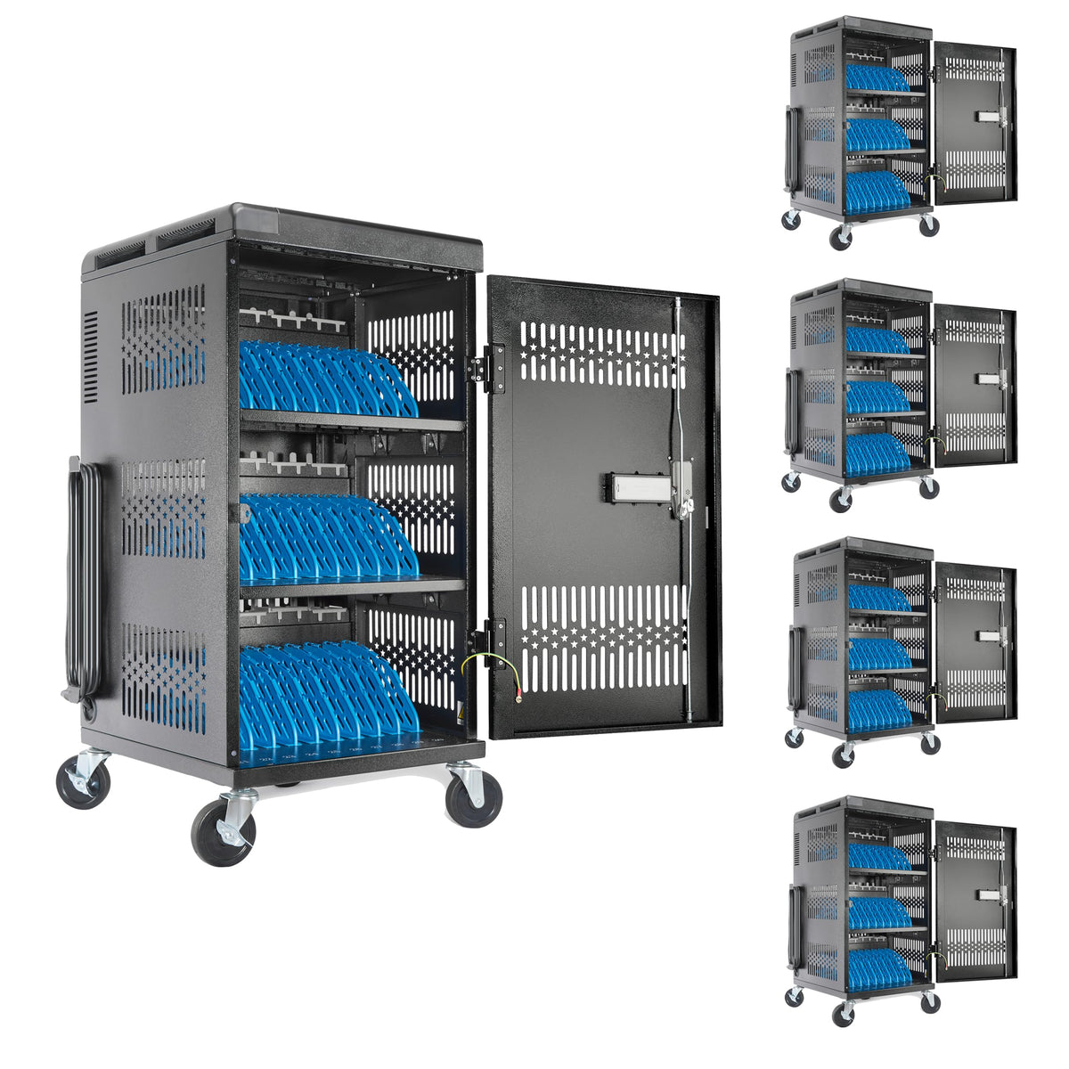Fully Assembled 30 Bay Mobile Charging and Storage Cart for iPad, Chromebook and Laptop Computer with Keypad Lock,Up to 14-inch Screen Size,Surge Protection,Front & Back Access Locking Cabinet (Black)