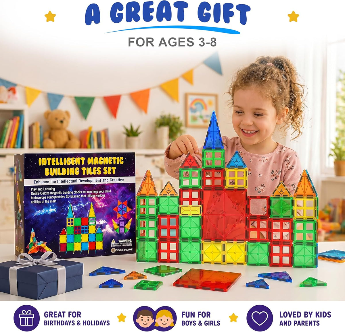 Magnetic Tiles Building Blocks Toy - STEM Educational Magnetic Blocks for Kids, Creativity Preschool Learning Sensory Montessori Toddler Magnetic Toys for Boys & Girls 3+ Years Old - 47PC