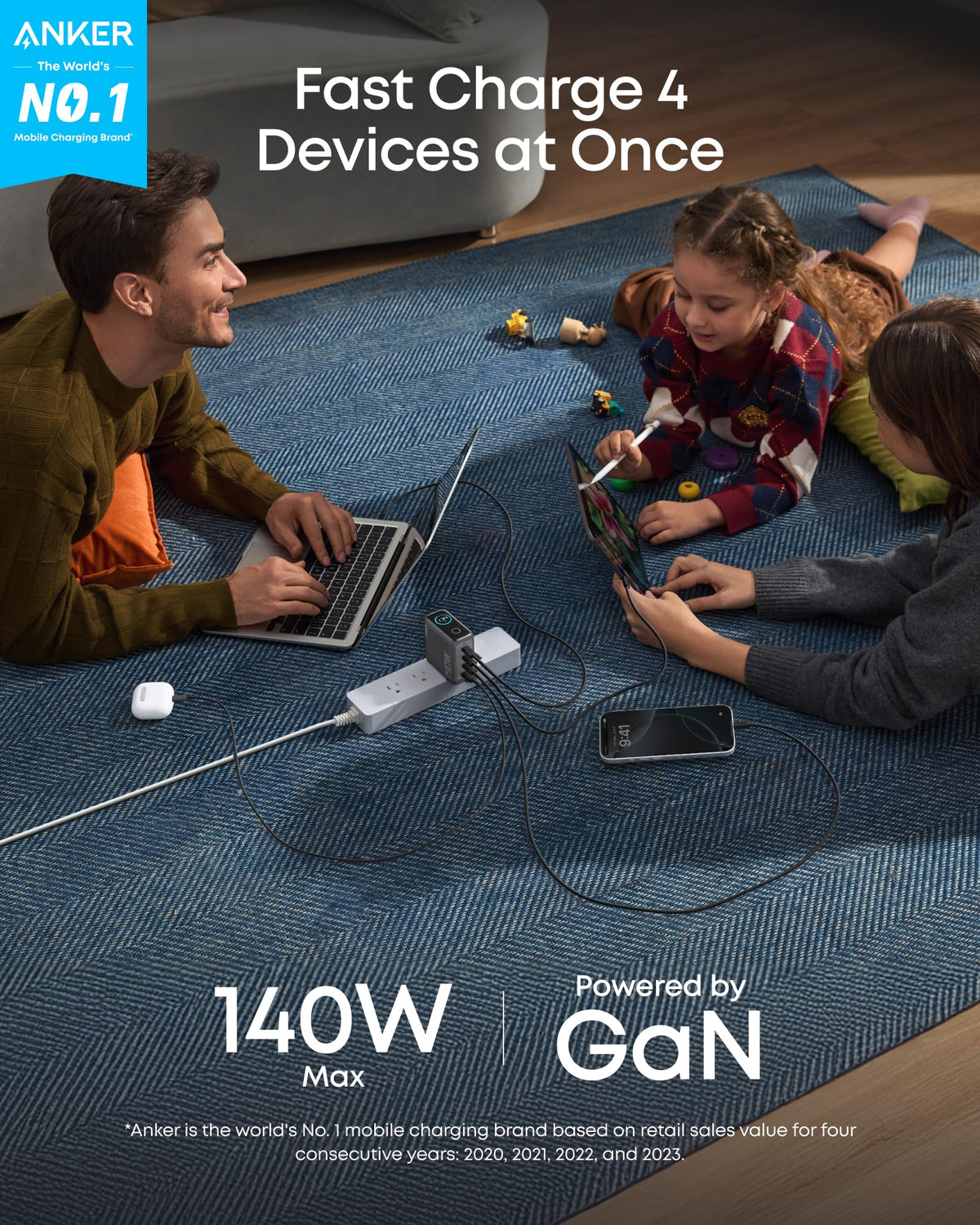 Anker MacBook Charger,140W Max 4-Port GaN USB C Charger Block with Smart Display,Fast Charger USB C Power Adapter,Touch Controls for MacBook,iPad,iPhone 17/16 Series (Include 5FT Cable,Non-Battery)