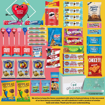 Gift A Snack - Fathers Day Treats Snack Box Variety Pack Care Package + Greeting Card (40 Count) Birthday Sweet Treats Gift Basket, Candies Chips Crackers Bars Office Food Assortments & Variety Gifts
