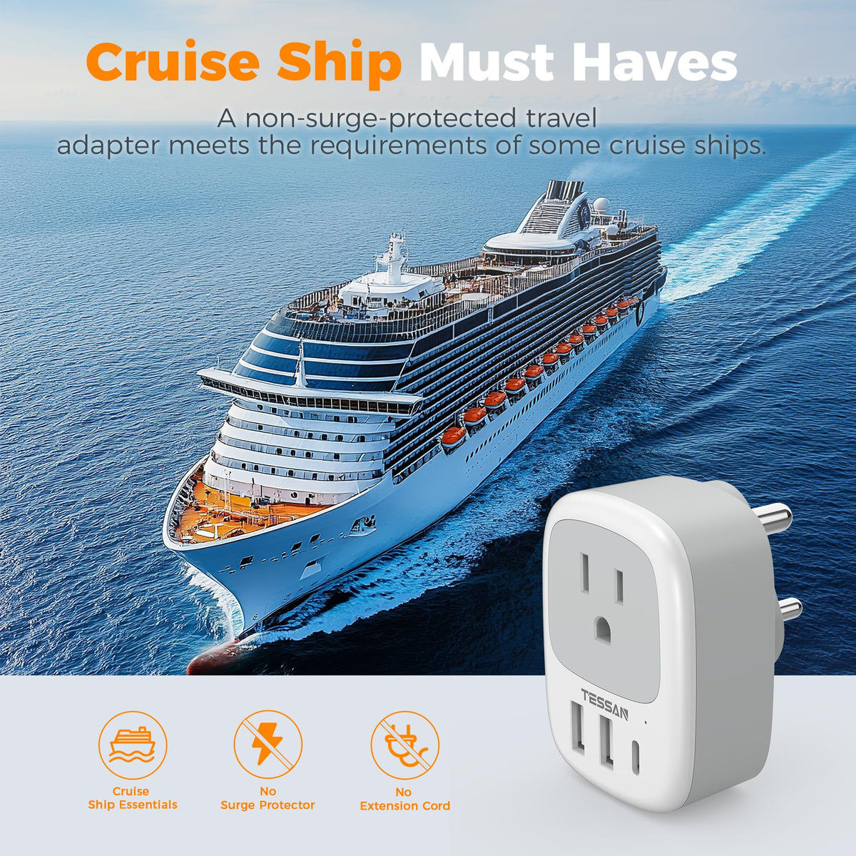 2 Pack European Travel Plug Adapter, TESSAN US to Europe Plug Adapter with 3 USB Ports (1 USB C), Type C Power Outlet for EU International Italy Iceland Spain France Germany