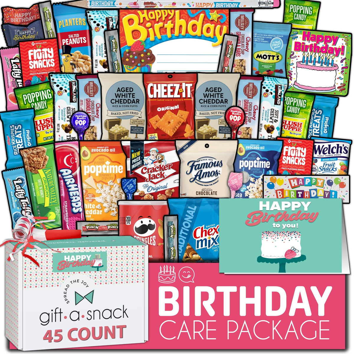 Gift A Snack - Fathers Day Treats Snack Box Variety Pack Care Package + Greeting Card (40 Count) Birthday Sweet Treats Gift Basket, Candies Chips Crackers Bars Office Food Assortments & Variety Gifts