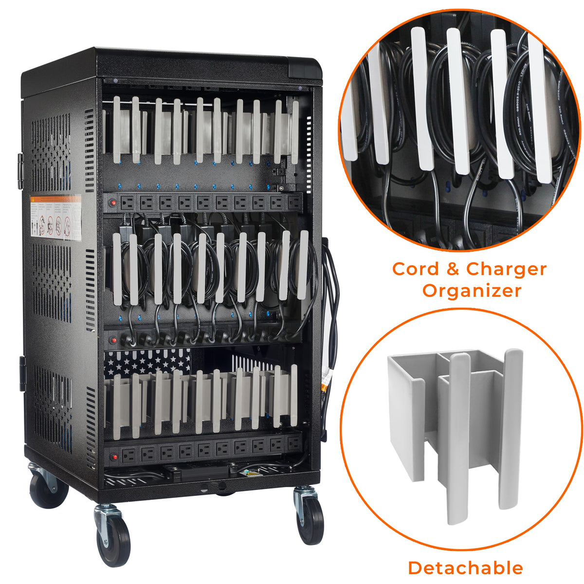 Fully Assembled 30 Bay Mobile Charging and Storage Cart for iPad, Chromebook and Laptop Computer with Keypad Lock,Up to 14-inch Screen Size,Surge Protection,Front & Back Access Locking Cabinet (Black)