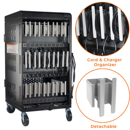 Fully Assembled 30 Bay Mobile Charging and Storage Cart for iPad, Chromebook and Laptop Computer with Keypad Lock,Up to 14-inch Screen Size,Surge Protection,Front & Back Access Locking Cabinet (Black)