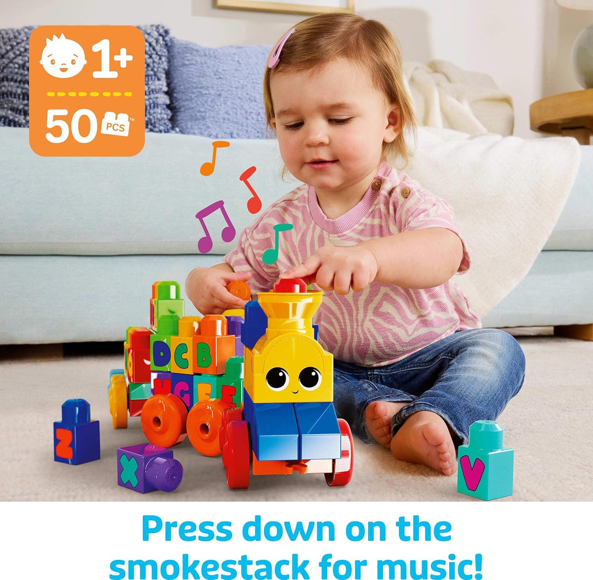 MEGA BLOKS First Builders Toddler Building Blocks Toy Set, ABC Musical Train with 50 Pieces, Music and Sounds, Ages 1+ Years