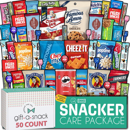 Gift A Snack - Fathers Day Treats Snack Box Variety Pack Care Package + Greeting Card (40 Count) Birthday Sweet Treats Gift Basket, Candies Chips Crackers Bars Office Food Assortments & Variety Gifts