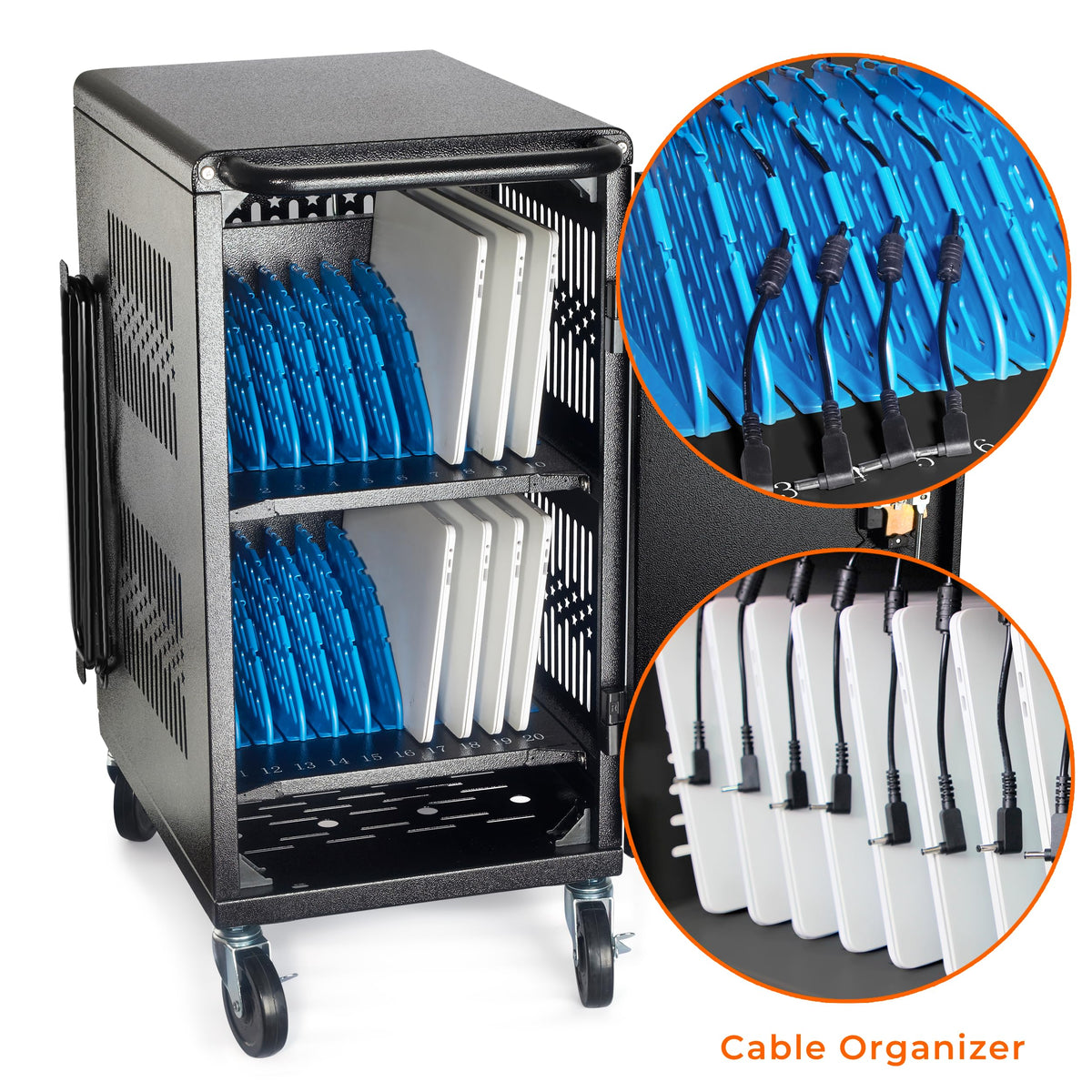 Fully Assembled 30 Bay Mobile Charging and Storage Cart for iPad, Chromebook and Laptop Computer with Keypad Lock,Up to 14-inch Screen Size,Surge Protection,Front & Back Access Locking Cabinet (Black)