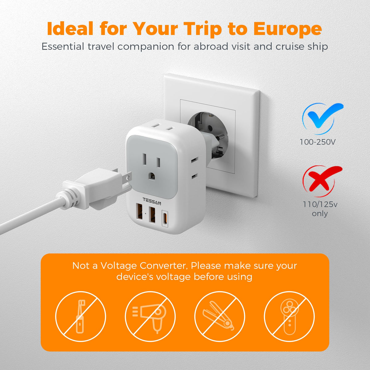 2 Pack European Plug Adapter USB C, TESSAN US to Europe Adapter 4 Outlets 3 USB Charger, Type C International Power Adaptor to Italy Spain France Portugal Iceland Germany, Europe Travel Essentials