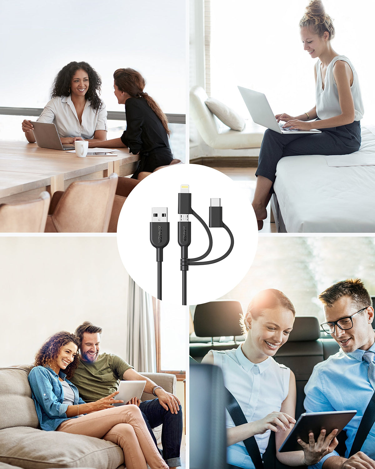 Anker Powerline II 3-in-1 Cable, Lightning/Type C/Micro USB Cable for iPhone, iPad, Huawei, HTC, LG, Samsung Galaxy, Sony Xperia, Android Smartphones, and More(3ft, White)
