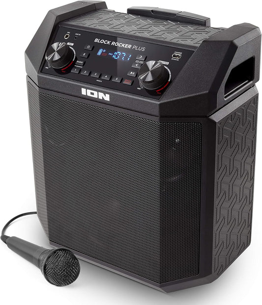 ION Block Rocker Plus - 100W Bluetooth Outdoor Speaker with Rechargeable Battery, Karaoke Microphone, Radio, Wheels, Telescopic Handle & USB Charging